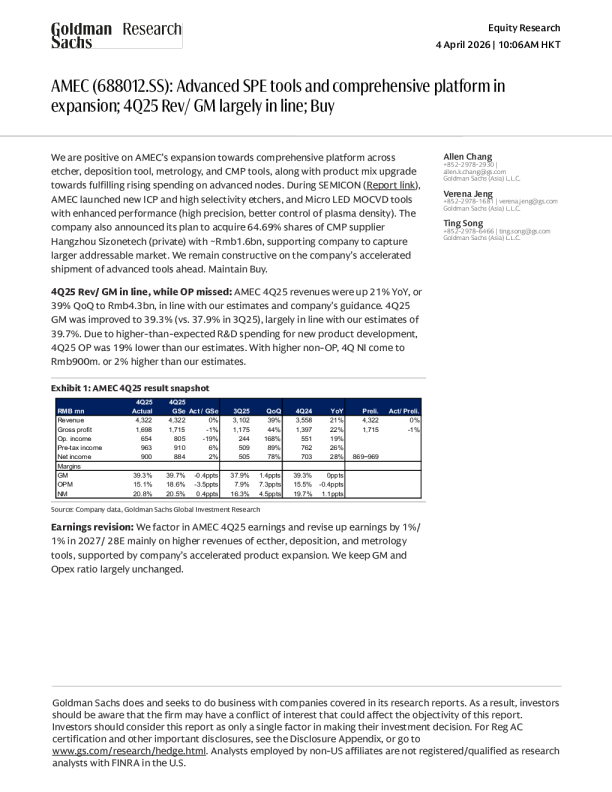AMEC (688012.SS)：领先SPE设备与综合平台拓展；2025年第四季度收入/毛利率基本符合预期；买入