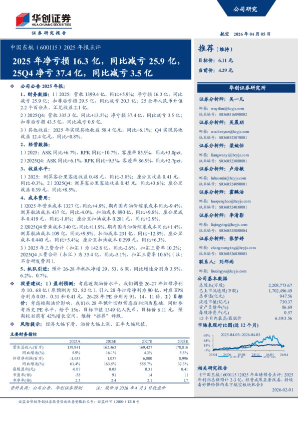 中国东航（600115）2025 年报点评