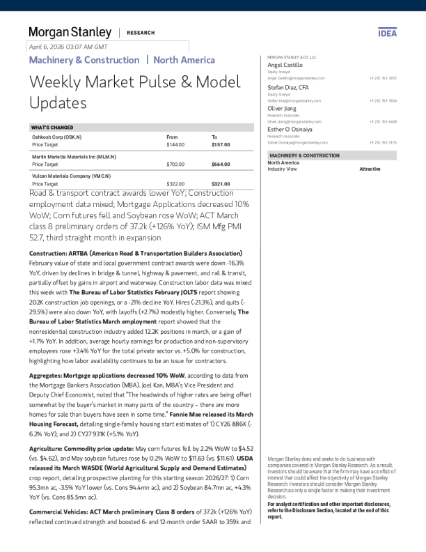 机械与建筑 | 北美 每周市场动态与模型更新