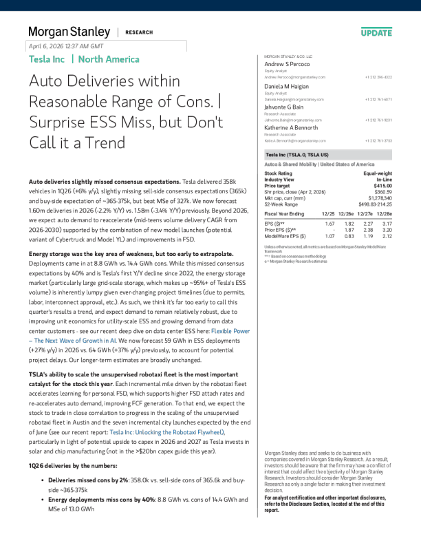 The volume of car deliveries is close to expectations | The ESS performance is unexpected, but should not be seen as a trend