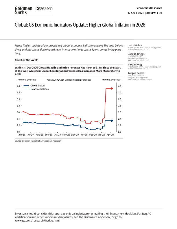 全球：高盛经济指标更新：2026年全球通胀走高