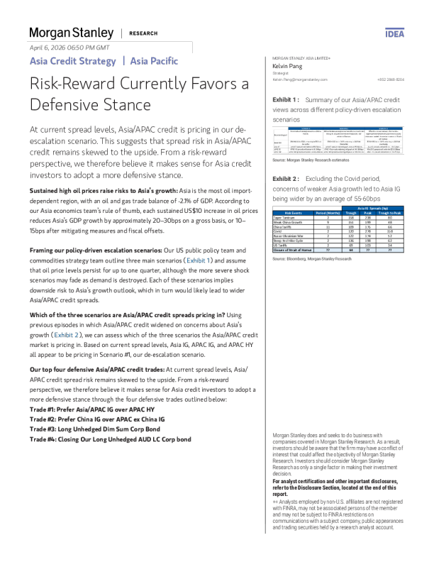 亚洲信用策略 | 亚太地区 风险回报当前倾向于防御立场