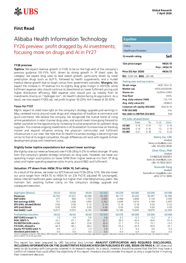 Ali Health Information Technology FY26 preview: AI investment drags down profits; FY27 will focus more on pharmaceuticals and AI