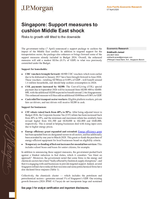 新加坡：缓解中东冲击的支持措施 增长风险仍偏向下行