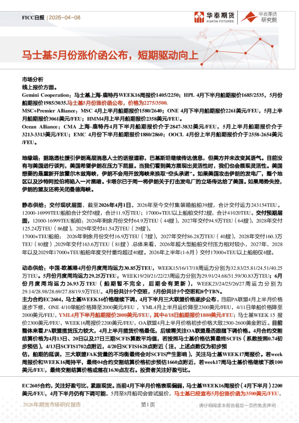 FICC日报：马士基5月份涨价函公布，短期驱动向上