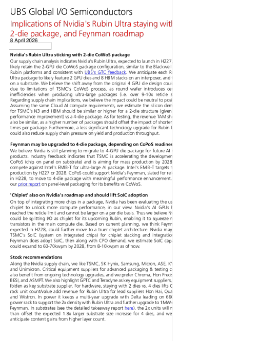 英伟达Rubin Ultra维持双芯片封装及Feynman路线图的影响