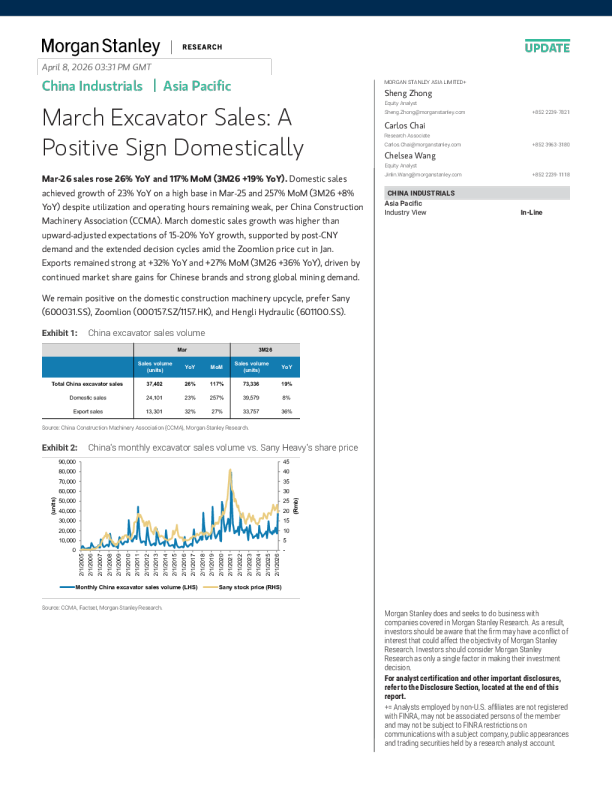 3月挖掘机销售：国内积极信号