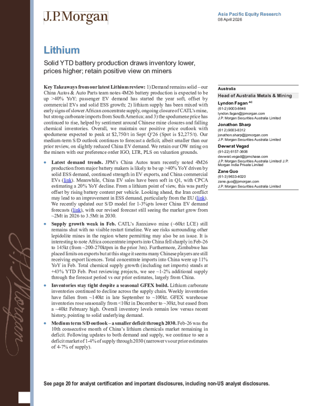 锂：年初至今电池产量增加导致库存下降、价格上涨；维持对矿企的积极看法