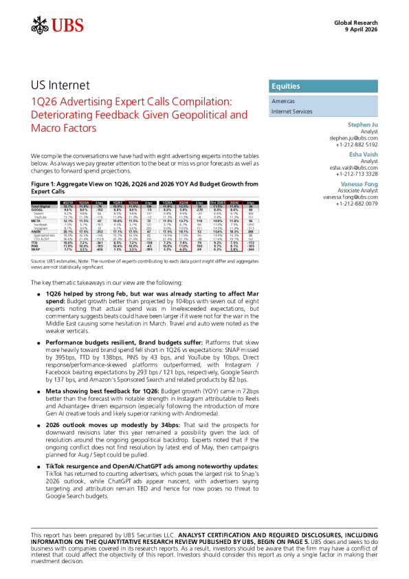 美国互联网行业：2026年第一季度广告专家电话会议纪要：受地缘政治与宏观因素影响，行业反馈趋弱