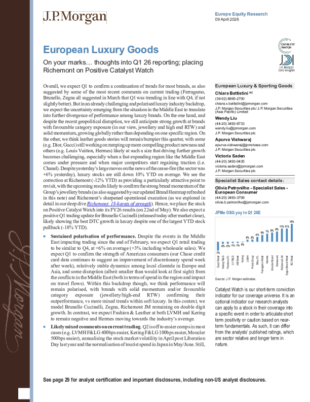 欧洲奢侈品：各就各位…对26年第一季度报告的思考；将历峰集团置于正面催化剂观察