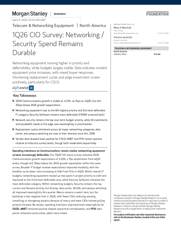 1Q26 CIO调查：网络/安全支出保持稳定