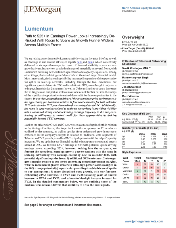 Lumentum：25美元以上盈利能力的路径风险日益降低，增长渠道多方面拓宽仍有空间