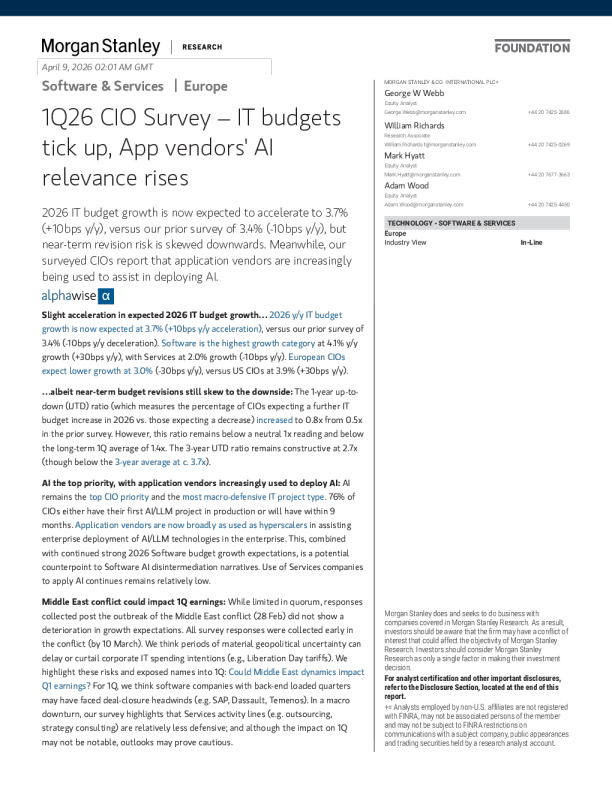 2026年第一季度CIO调查——IT预算增加，应用供应商的AI相关性提升