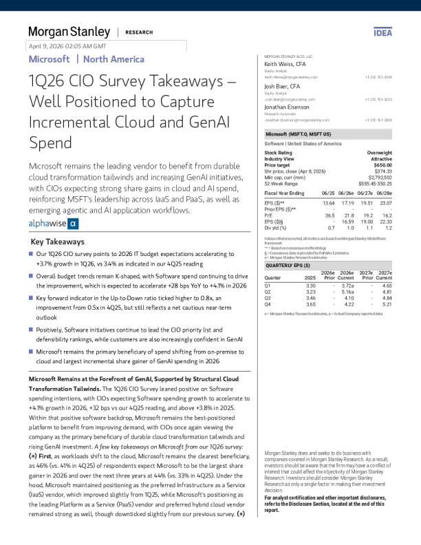 2026年第一季度CIO调查要点——微软拥有抓住云服务和生成式AI增量支出的优势