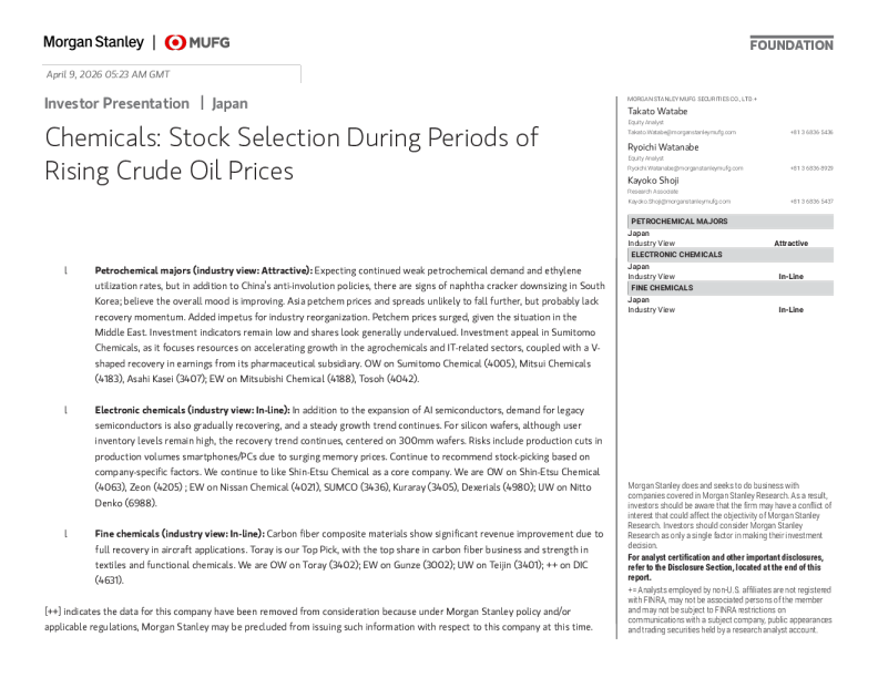 日本化学：原油价格上涨时期的股票选择