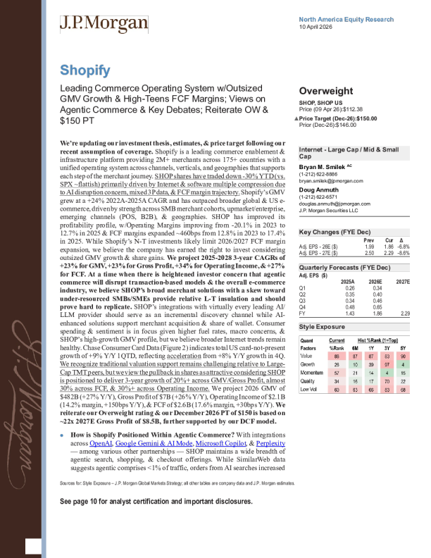 Shopify：领先的商业操作系统，GMV增长强劲且FCF利润率达十几%；关于智能代理商务及关键争议的观点；重申增持评级及150美元目标价