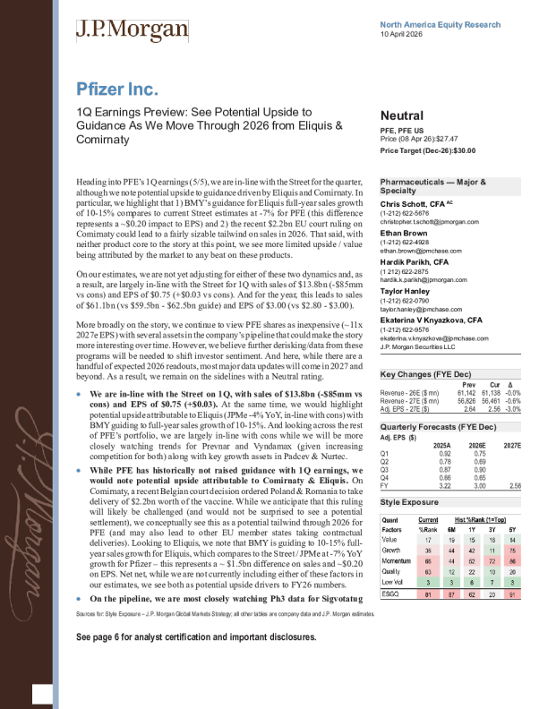 第一季度财报预览：随着2026年Eliquis和Comirnaty的推进，指引可能存在上行空间