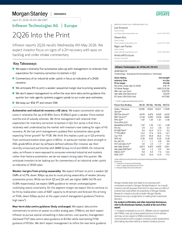 英飞凌科技公司2026年第二季度业绩预告