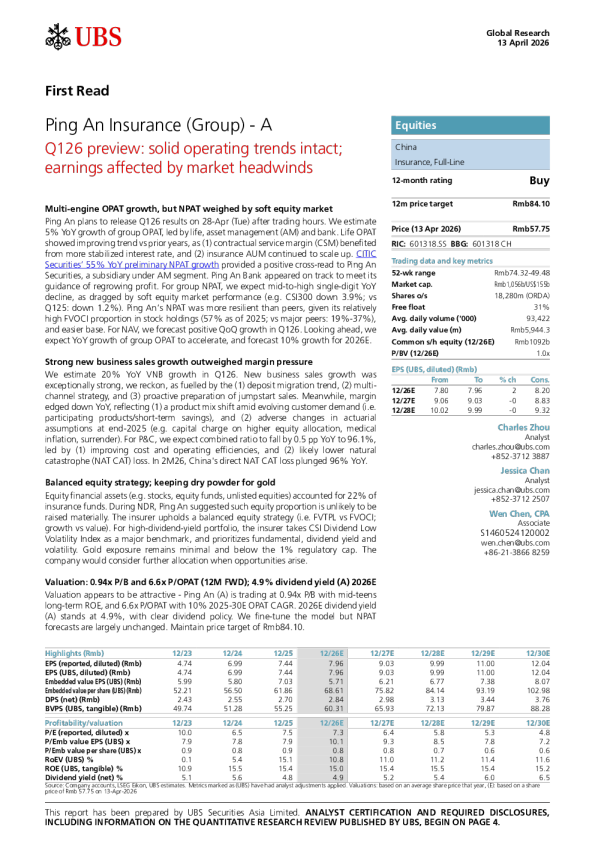Ping'an Insurance (Group) - A-share Q126 preview: Business trend stable; profit affected by market headwinds