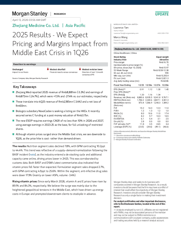 浙江医药有限公司2025年业绩 - 我们预计2026年第一季度中东危机对定价和利润率的影响