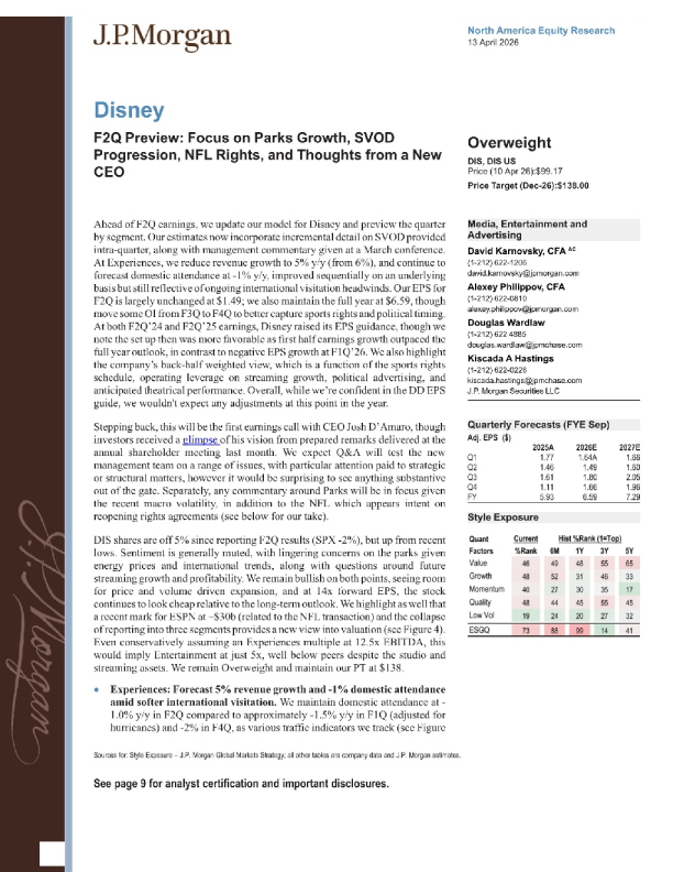 迪士尼第二财季预览：聚焦乐园增长、流媒体发展、NFL版权及新任CEO的思考