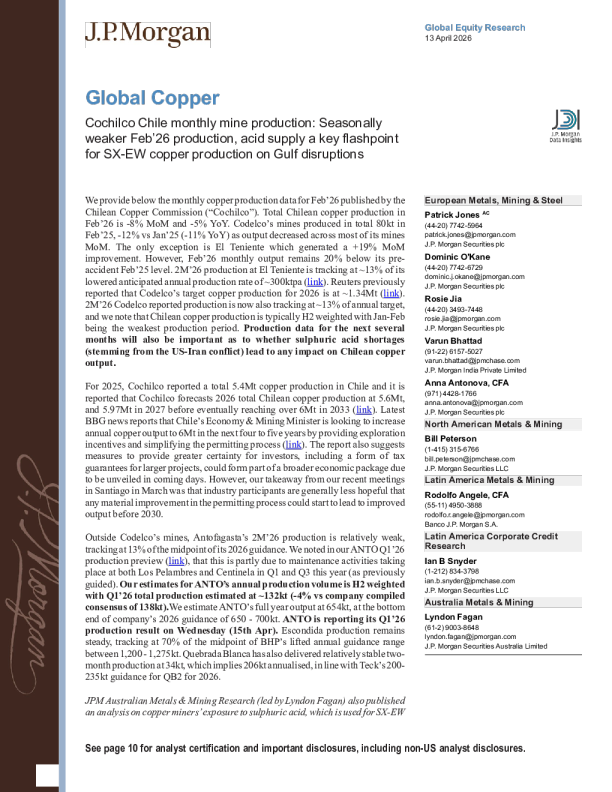全球铜：智利Cochilco月度矿山产量：2026年2月产量季节性疲软，海湾地区中断导致硫酸供应成为SX-EW铜生产的关键焦点