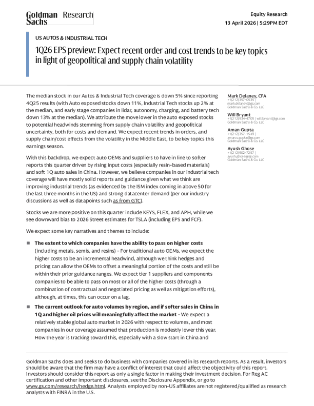 美国汽车与工业科技1Q26财报预览：在地缘政治和供应链波动背景下，近期订单和成本趋势将成为关键议题