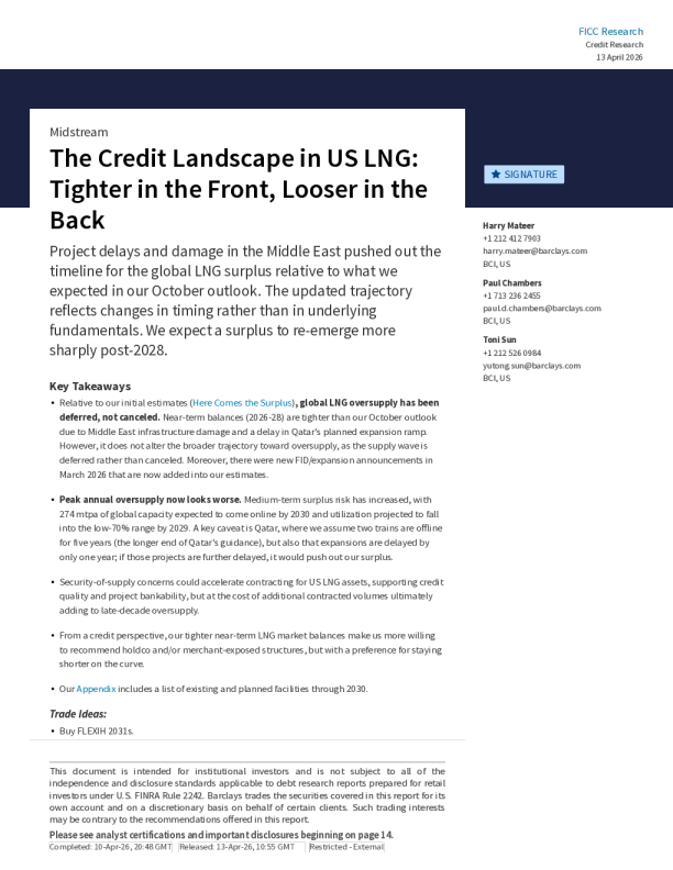 美国液化天然气的信用格局：前端趋紧，后端宽松