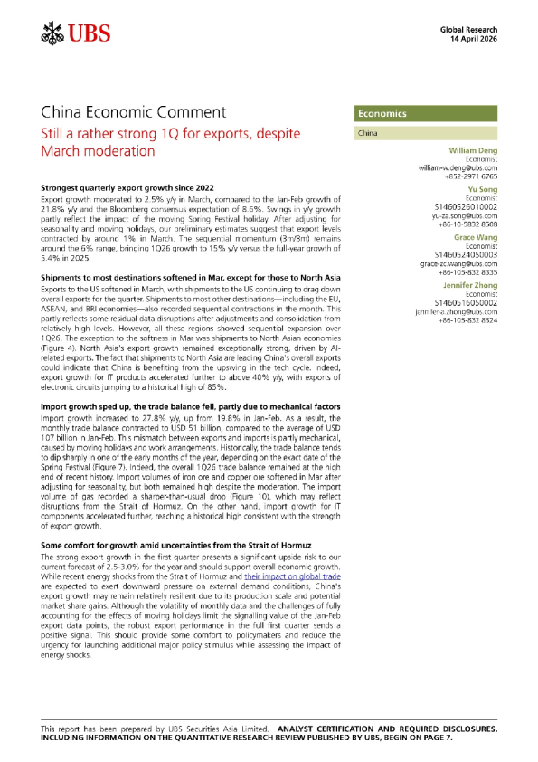 尽管3月有所放缓，一季度出口仍相当强劲