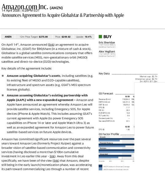 亚马逊收购Globalstar并与苹果达成卫星服务合作