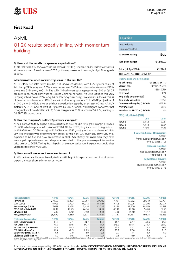 ASML 2026年第一季度业绩初步解读：基本符合预期，势头持续增强