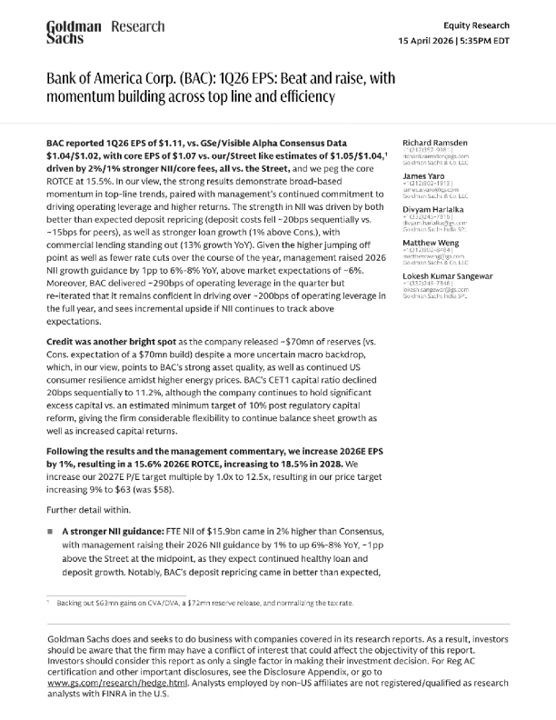美国银行（BAC）：2026年第一季度每股收益：超预期并上调指引，营收和效率端势头增强