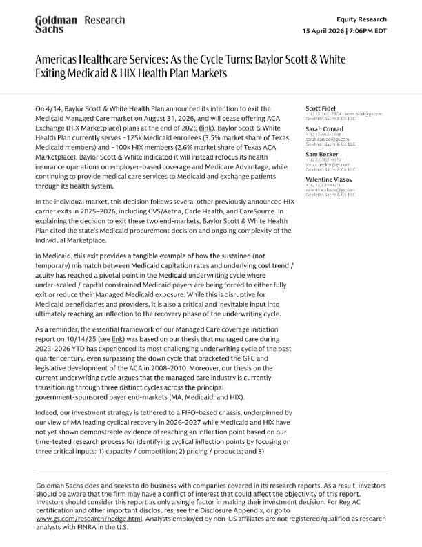 美洲医疗健康服务：周期转折之际：贝勒斯科特与怀特退出医疗补助和健康保险交易所健康计划市场