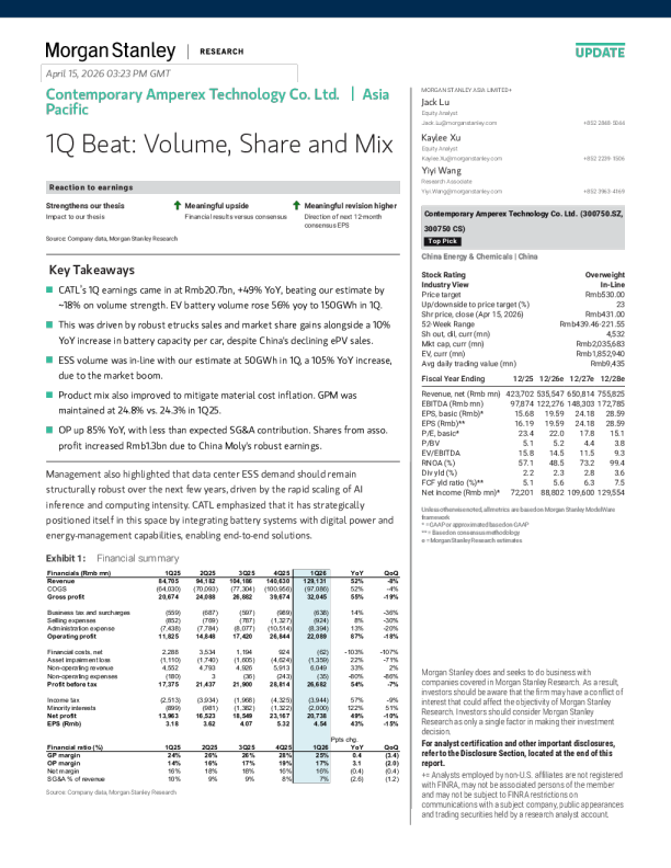 宁德时代1Q业绩超预期：销量、份额与产品结构