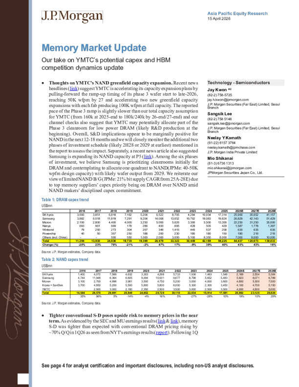 内存市场更新：关于长江存储潜在资本支出及HBM竞争动态的分析