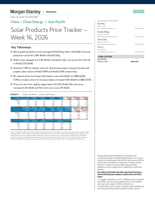 太阳能产品价格跟踪报告 – 2026年第16周