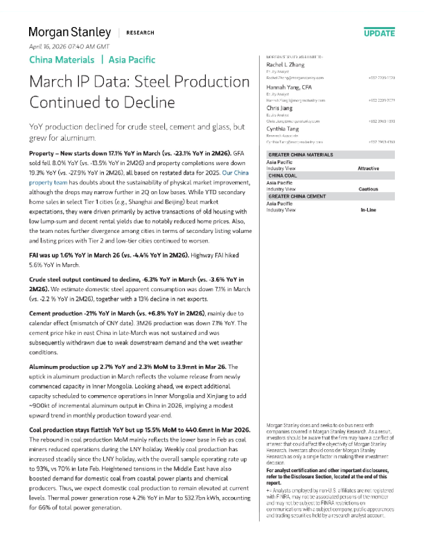3月工业生产数据：钢铁产量持续下降