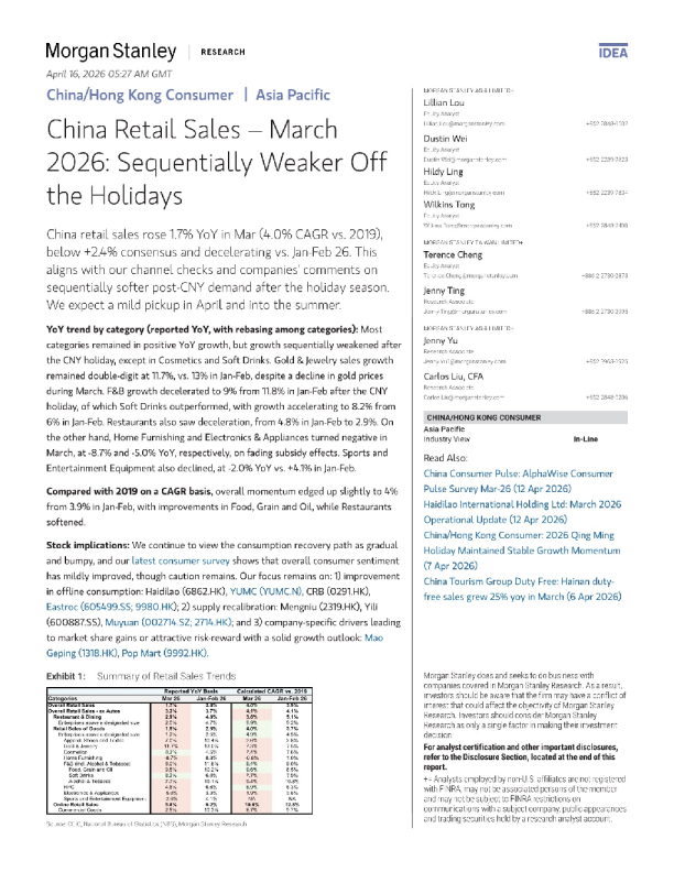 中国3月零售销售：2026年节后环比走弱