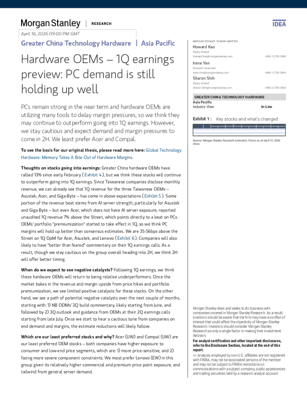 大中华区科技硬件 - 亚太区硬件OEM厂商：一季度财报预览：PC需求依然保持良好