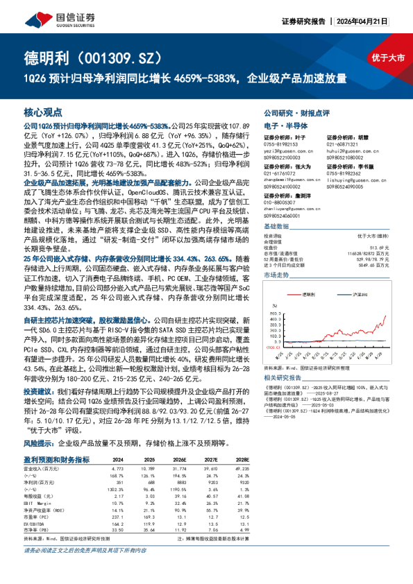 1Q26预计归母净利润同比增长4659%-5383%，企业级产品加速放量