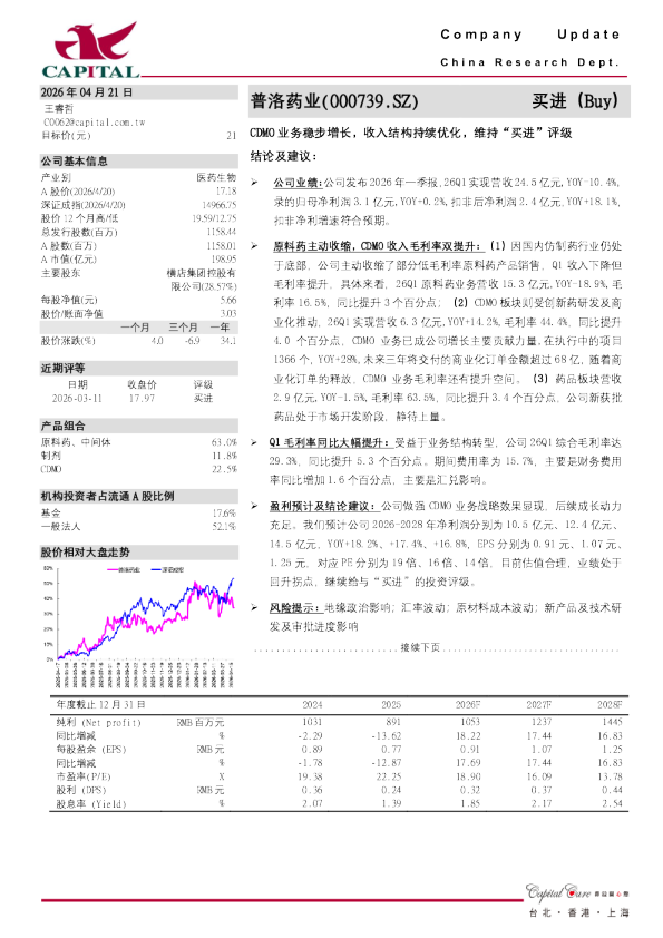 CDMO业务稳步增长，收入结构持续优化，维持“买进”评级