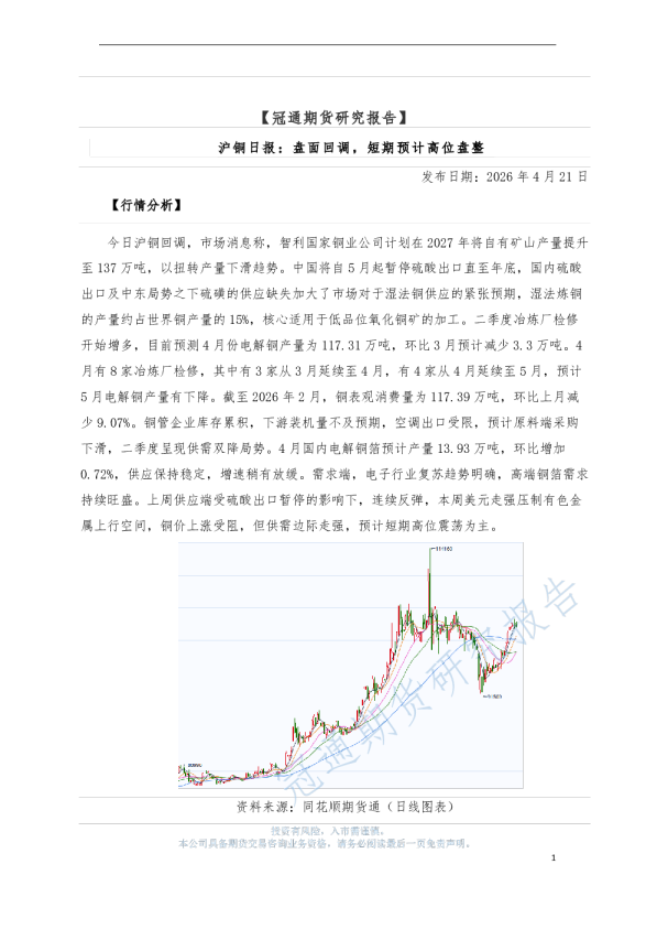 沪铜日报：盘面回调，短期预计高位盘整