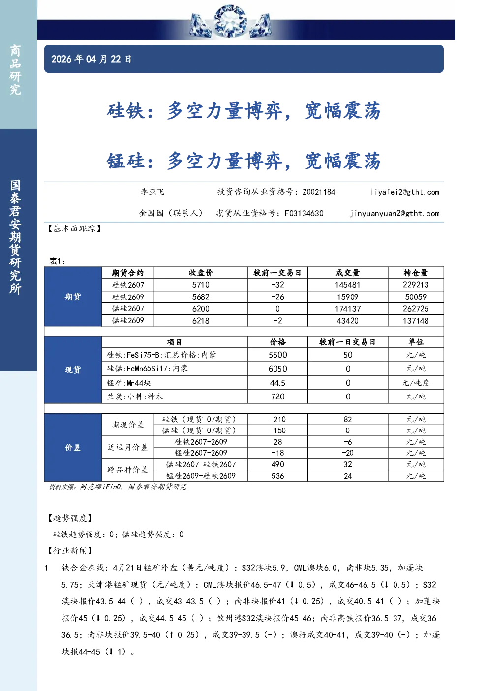 硅铁：多空力量博弈，宽幅震荡 锰硅：多空力量博弈，宽幅震荡