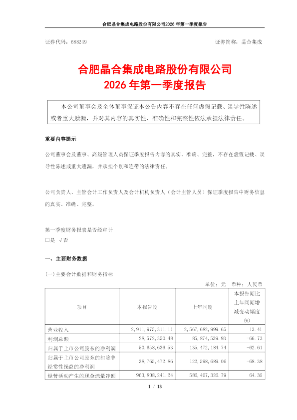 晶合集成：晶合集成2026年第一季度报告