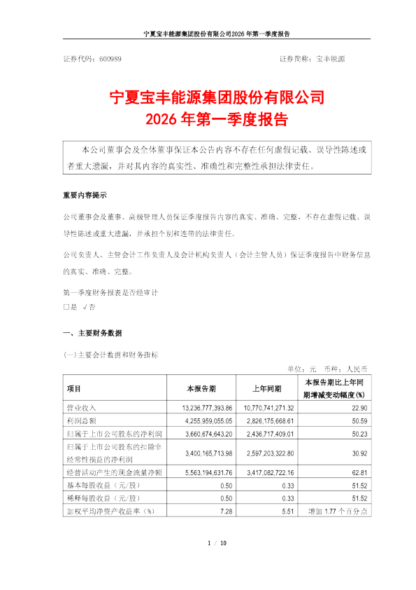 宝丰能源：宁夏宝丰能源集团股份有限公司2026年第一季度报告