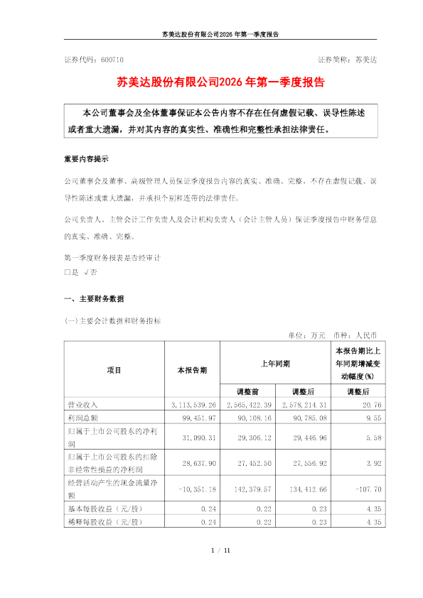 苏美达：2026年第一季度报告