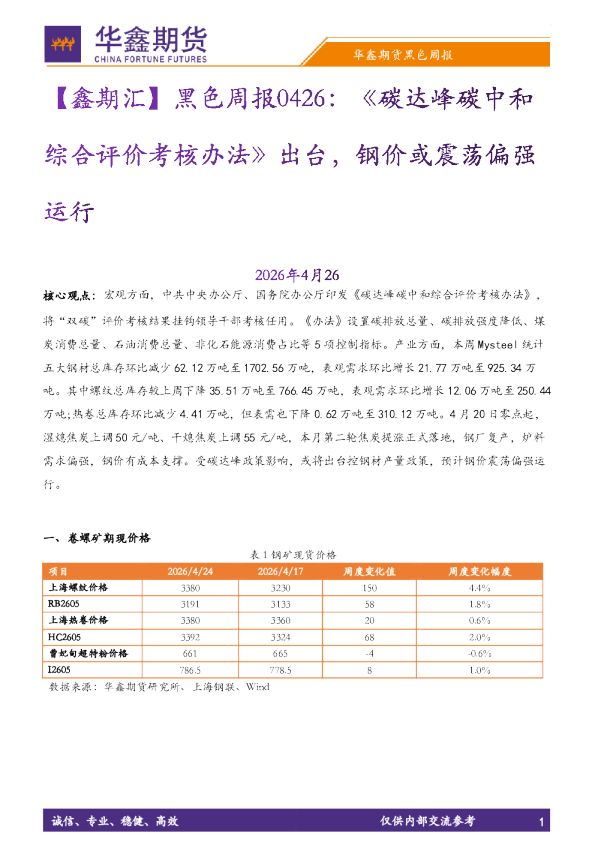 【鑫期汇】黑色周报：《碳达峰碳中和综合评价考核办法》出台，钢价或震荡偏强运行