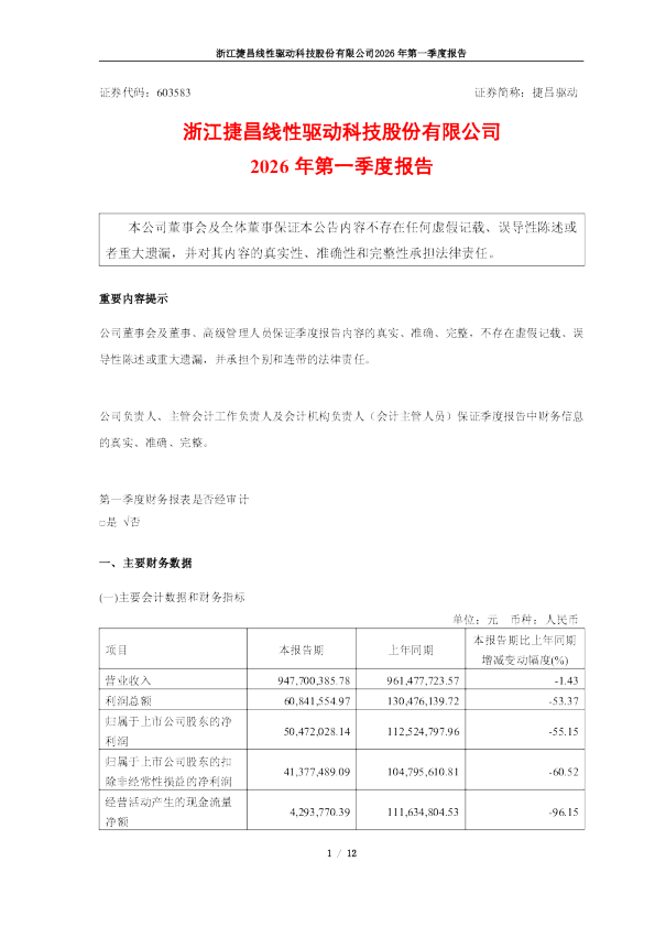 捷昌驱动：2026年第一季度报告