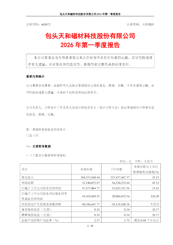 天和磁材：2026年第一季度报告