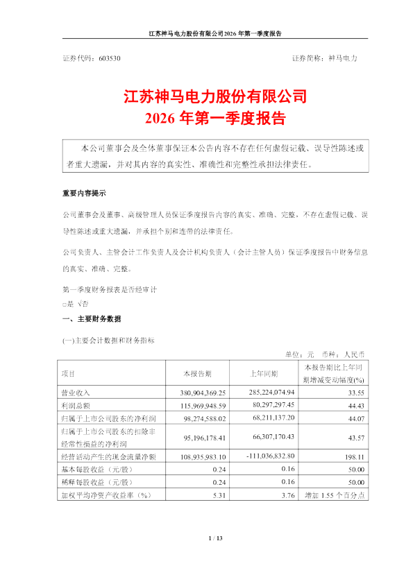 神马电力：神马电力2026年一季度报告